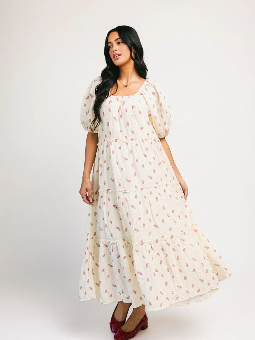 Zoco Daymaker Strawberry Bliss Puff Sleeve Maxi Dress Tiered Pockets Medium